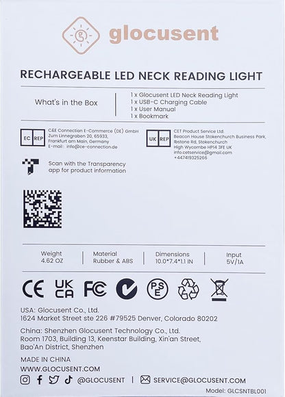 Glocusent Book Light, 3-Color & 6-Brightness Reading Light, Bendable Neck Light, 80-hr Lasting Rechargeable Lamp, Perfect Book Light for Reading in Bed, Knitting, Camping, Repairing, Book Lovers Gifts