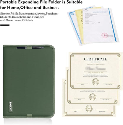 ENGPOW 13 Pocket Expanding File Folder,Fireproof Accordion File Folder Document Organizer with Zipper Closure,Document Folder Safe with Colorful Tabs,A4 Letter Size for Travel,Home,Office,Green