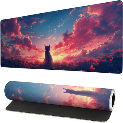 Gaming Mouse Pad Desk Pad,Extended Big Mouse Pad,31.5x11.8 Inch Long Computer Keyboard Mouse Mat Mousepad with 3mm Non-Slip Base and Stitched Edge for Gaming and Office… (Sunset Cat)