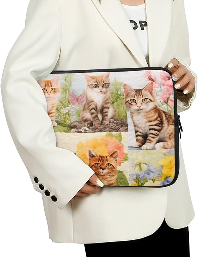 Cat Floral Printed Computer Case Bag for Girls Boys, Washable 15 Inch Laptop Bag Carrying Case Cute Laptop Briefcase Neoprene with Zipper, Compatible with Various Computers