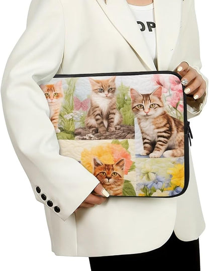 Cat Floral Printed Computer Case Bag for Girls Boys, Washable 15 Inch Laptop Bag Carrying Case Cute Laptop Briefcase Neoprene with Zipper, Compatible with Various Computers