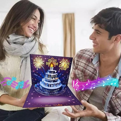 Musical Birthday Cards, 3D Pop Up Card with Music and Light, Firework Greeting Card with Interactive Blowable Candle, Birthday Gift for Her Him Mom Grandma Wife Husband (Blue and Silver)