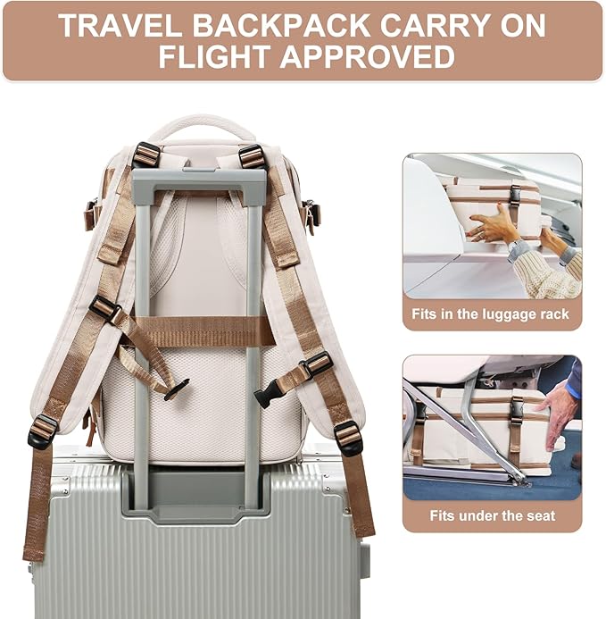 Travel Backpack Simple Durable Carry On Backpack with Shoe Compartment, Personal Item Travel Bag Flight Approved, Water Resistant Laptop Backpack for Women Men Weekender Business, Beige
