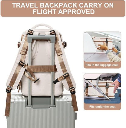 Travel Backpack Simple Durable Carry On Backpack with Shoe Compartment, Personal Item Travel Bag Flight Approved, Water Resistant Laptop Backpack for Women Men Weekender Business, Beige