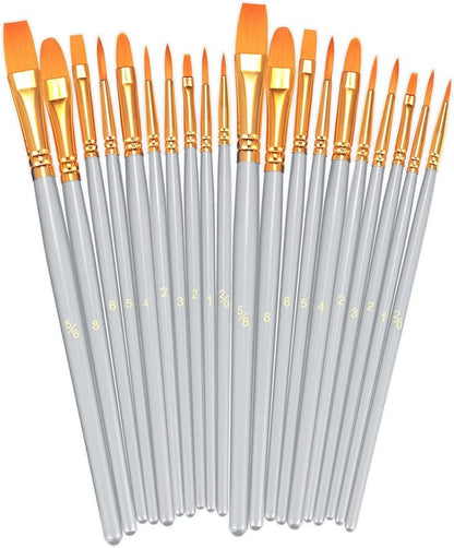 BOSOBO Paint Brushes Set, 2 Pack 20 Pcs Round Pointed Tip Paintbrushes Nylon Hair Artist Acrylic Paint Brushes for Acrylic Oil Watercolor, Face Nail Art, Miniature Detailing & Rock Painting, Silver
