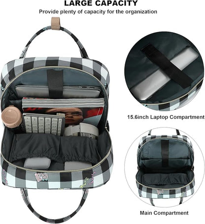 Checkered Laptop Backpack College Bookbag School Backpack for Women Girls, Travel Backpack 15.6 Inch Computer Backpacks (Bear Rabbit Black)