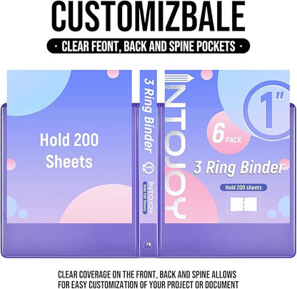 3 Ring Binder 1 Inch, IntoJoy 6 Pack Clear View 3 Hole Binder PVC-Free Fits 8.5x11 Inch Paper Flexible Round Ring Binders for School Office Home Binder Supplies (Purple)