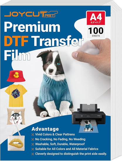 JOYCUT DTF Transfer Film - A4（8.3"×11.7"）100 Sheets Double-Sided Matte Finish, DTF Film for Sublimation and DTF Inkjet Printer, Direct to Film Transfer Paper for T-Shirts