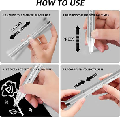 SFAIH Silve Paint Markers Paint Pens - 4 Pack 2-3MM Medium Tip Metallic Acrylic Markers for Rock Painting, Wood, Metal, Fabric, Plastic, Canvas, Glass, Ceramic, Diy Crafts, Drawing, Tire