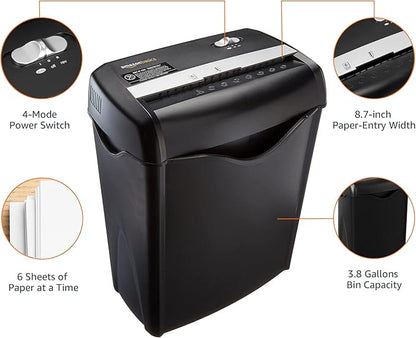 Amazon Basics 6 Sheet Cross Cut Paper and Credit Card Home Office Shredder with 3.8 Gallon Bin, Black