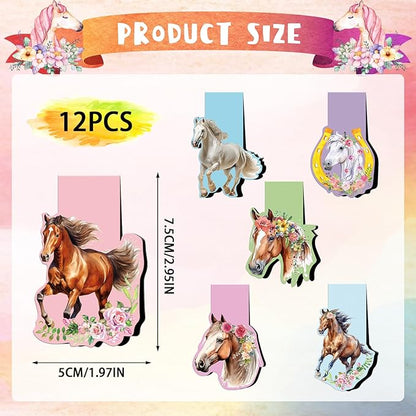 Horse Magnetic Bookmark Gifts - 12 Pcs Funny Animal Magnetic Bookmarks Flower Horse Book Mark Magnets Page Marker Clip Gift for Book Lovers Students Teacher School Reading Book Marks
