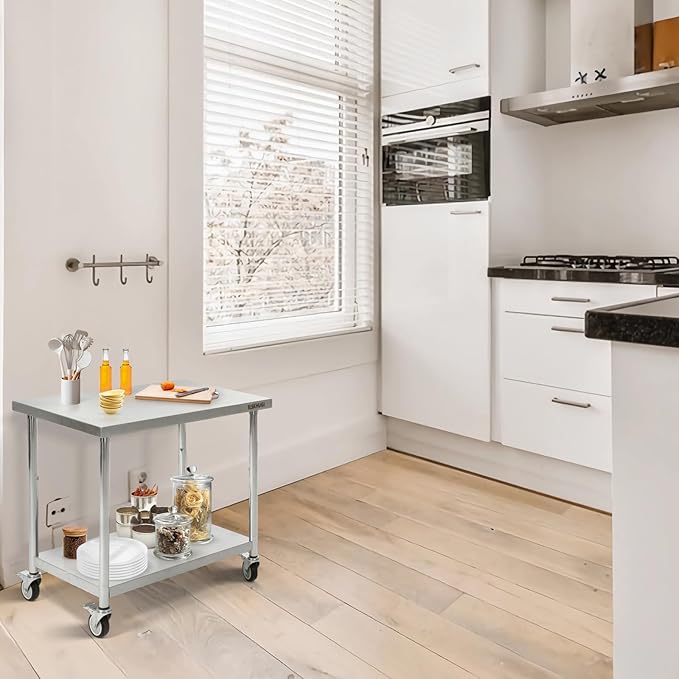 Stainless Steel Table for Prep & Work 36 x 24 Inches with Caster Wheels,Commercial Heavy Duty Metal Table with Undershelf for Home,Restaurant and Hotel Kitchen (36" x 24")