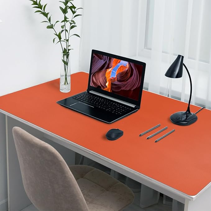 Boutilon Leather Desk Pad 47"x 24" Non-Slip Mouse Pad,Business Desk Pad,Extended Table Protector for Keyboard and Mouse,Desk Writing Pad for Office Home Working Decor (XXXL-Orange H)