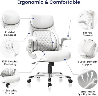 Nouhaus Ergonomic Office Chair Premium Microfiber Leather Adjustable Lumbar Support & Armrests, High Back Comfy Desk Gaming Chairs Executive Computer Swivel Chair Tilt Function(Posture,White)