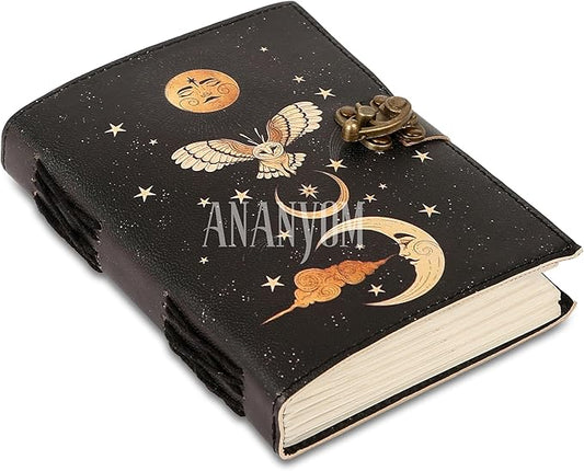 Handmade Leather Journal, Black, Sun & Moon Design, 8 x 6 Inch, 200 Unruled Pages, Hand Embossed, White Paper, Brass Clasp Lock, Vintage Notebook Diary, Sketchbook for Artists & Writers