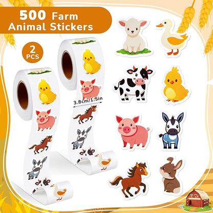 1 Roll Animal Stickers Reward Cute Space Stickers Office Supplies Incentives Sticker Animal Party Favor Decal, 500 Pcs Each Roll(Cute Farm Animal)