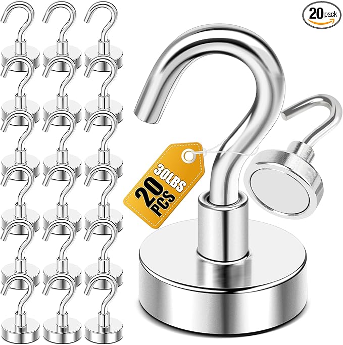 DIYMAG Magnetic Hooks, 30lbs+ Heavy Duty Magnetic Hooks Cruise for Hanging, Super Strong Magnet Hooks for Cruise Cabin, Refrigerator, Classroom, Magnetic Metal Hooks for Grill (Sliver, Pack of 20)