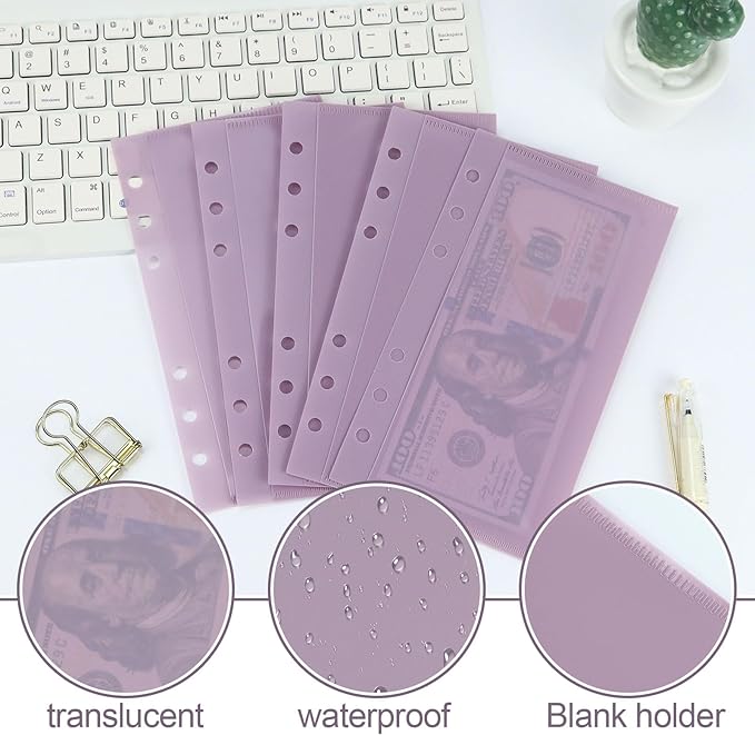A6 Binder Pockets with No Zipper, Koqye Blue 10 Pcs Plastic Zipless Budget Envelopes, Two Pockets Frosted Cash Envelopes Money Bag for Budgeting, Cash Stuffing (Purple-2set)