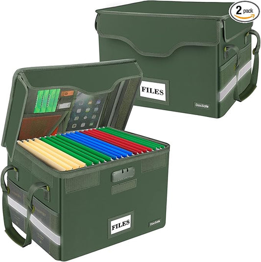 DocSafe File Box Fireproof Document Box with Lock,File Storage Organizer Box with Insert Mesh Pocket,Collapsible Portable File Box Home Office File Cabinet for Hanging Letter/Legal Folder,Green,2 Pack