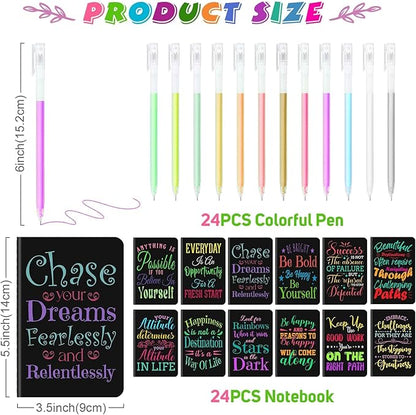 24 Pcs Mini Inspirational Notebooks Bulk with 24 Pcs Colorful Pens, Small Pocket Journal Notepads Set, Motivational Bulk Gifts for Women Men Teacher Student Kids, Fun School Office Supplies,3.5"x5.5"