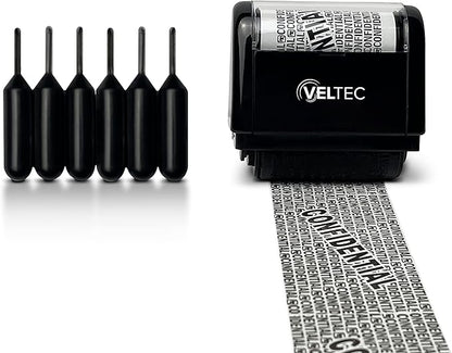 Veltec ID Protector Ink Roller - Identity Theft Protection Roller Stamp Set (Black, Stamp+6 Refills)