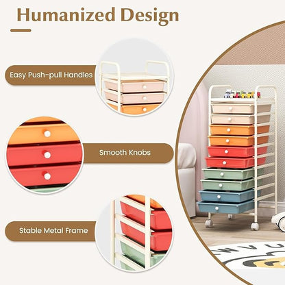 Storage Cart, Rolling Utility Cart with 10 Drawers, Portable Handles & Lockable Wheels, Mobile Paper Toys Storage Organizer Large Capacity for Home Office School Teacher (Macaron)