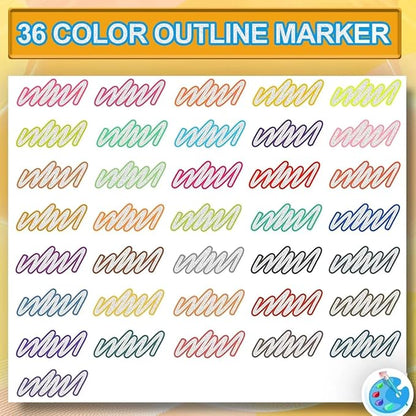 Double Line Outline Markers 36 Colors Super Squiggles Glitter Markers Self Outline Metallic Markers, Shimmer Markers Doodle Drawing Pens for Christmas Greeting Card, Birthday Gift, DIY Art Crafts