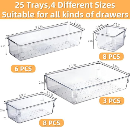 Drawer Organizer, Makeup Organizer, Desk Drawer Organizer, Acrylic Storage Bins for Makeup, Skincare, Jewelry, Office Supplies Used in Vanity, Kitchen, Bedroom, Bathroom, Office - 25pcs