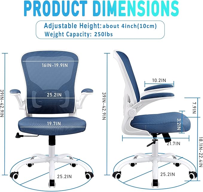 Flysky Ergonomic Office Desk Chair Breathable Mesh Swivel Computer Chair, Lumbar Back Support Task Chair, Office Chairs with Wheels and Flip-up Arms, Adjustable Height(White & Blue)