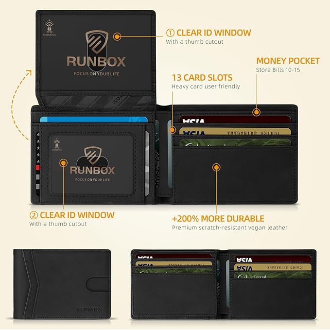 RUNBOX Wallet for Men Slim Rfid Leather 2 ID Window With Gift Box