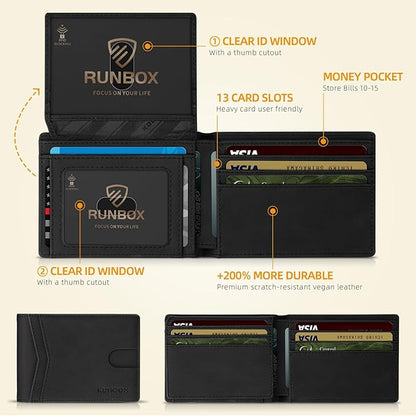 RUNBOX Wallet for Men Slim Rfid Leather 2 ID Window With Gift Box