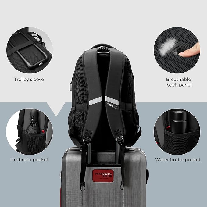 Swissdigital Design Large Business Laptop Backpack with Smart USB Charging Port, Travel Backpack Fits 15.6 inches laptops, Water Repellent College Backpack for Men Women (VECTOR SD803-02 Black/Grey)