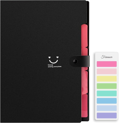 Forvencer Accordion File Organizer, Letter Size, 5 Pocket Expanding File Folder, Cute File Folder with Labels, Portable File Organizer for School Office Supplies, Folders for Documents, Black