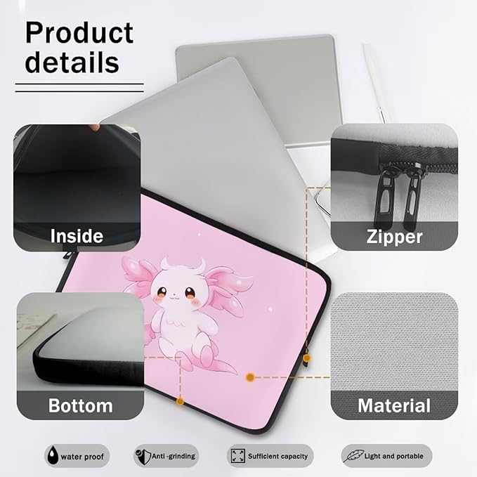 Cute Axolotl Laptop Sleeve for Women 15 inch Lap Top Case Slightly Laptop Pouch with Humanize Design Computer Carrying Case Easy to Clean Laptop Accessories Pink Tablet Bag