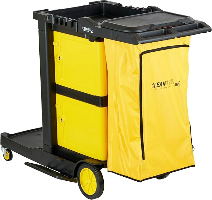 Restaurantware-Clean Tek Professional 3-Shelf Janitor Cart with Wheels, 1 Cleaning Trolley with Cover and 21 Gallon Bag - Includes 1 Double Locking Cabinet, Heavy-Duty, Gray Plastic Janitorial Cart