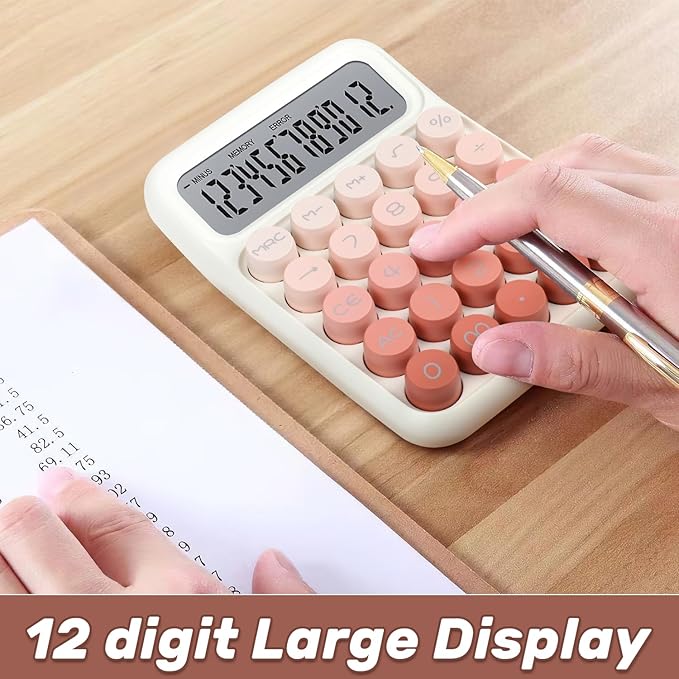 Mechanical Switch Calculator with Big Buttons, 12 Digits, Large LCD Display, Cute Pink Desktop Calculator, Aesthetic School Supplies for Office, School, Home & Business Use, Automatic Sleep (Pink)