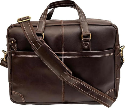 Brown Leather Laptop Bag - Stylish 16 Inch Computer Case for Men and Women - Genuine Leather Briefcase with Multiple Pockets and Shoulder Strap