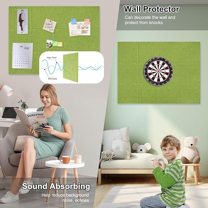 Large Cork Board for Office Wall Decor,48"x36"-12 Pack Felt Wall Tiles with 35 Push Pins, Thicker 0.47in, Felt Bulletin Board Pin Board Cork Boards for Walls - Matcha Green