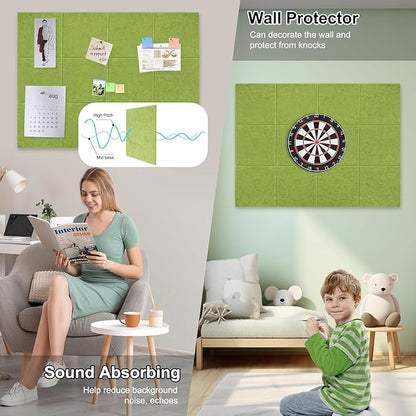 Large Cork Board for Office Wall Decor,48"x36"-12 Pack Felt Wall Tiles with 35 Push Pins, Thicker 0.47in, Felt Bulletin Board Pin Board Cork Boards for Walls - Matcha Green