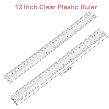 2 Pack-12 inch Clear Plastic Ruler Straight Shatterproof Transparent Rulers for Office Supply (Clear)