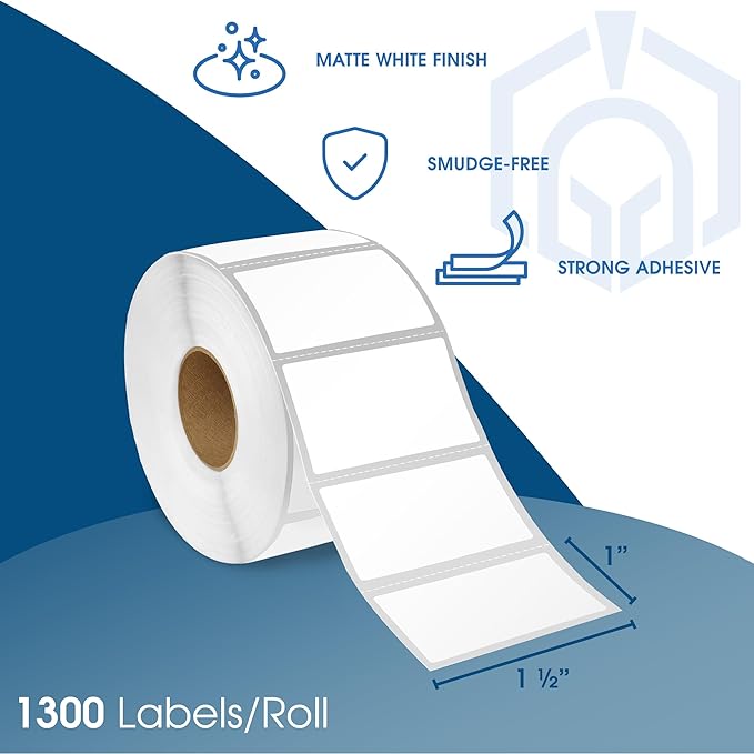 Spartan Industrial - 1 1/2" X 1" Direct Thermal Barcode Labels Compatible with Rollo, Zebra, and Other Desktop Label Printers (10 Rolls, 1300/Roll)