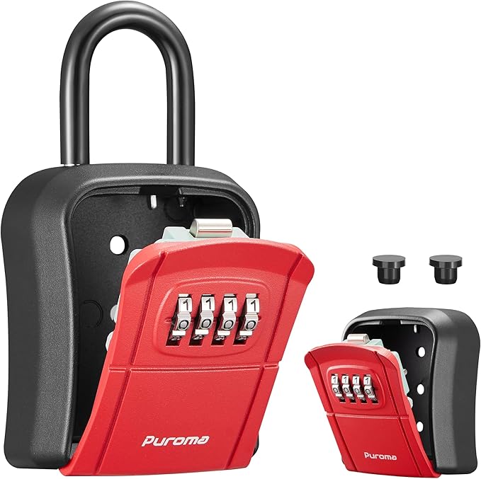 Puroma Key Lock Box, Portable Combination Lockbox Wall-Mounted Key Storage Box for House Keys, Resettable Code Safe Security Lock Box for Home, Office, Apartment Spare Key Storage (1 Pack, Red)