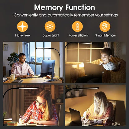 LED Desk lamp with Clamp, Eye-Caring Clip on Lights for Home Office, 3 Modes 10 Brightness, Long Flexible Gooseneck,Metal, Swing Arm Architect Task Table Lamps with USB Adapter, Black