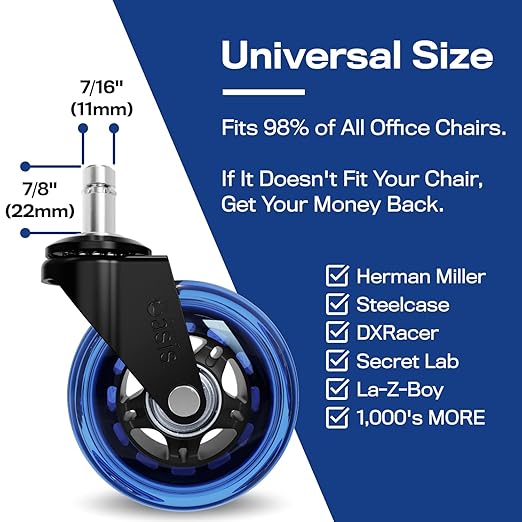 The Original Roller Blade Office Chair Wheels (As Seen On PBS) - Incredibly Smooth & Quiet Rolling Casters - Safe for Hardwood Floors & Carpet - Easy Installation with Universal Fit - Set of 5 - Blue