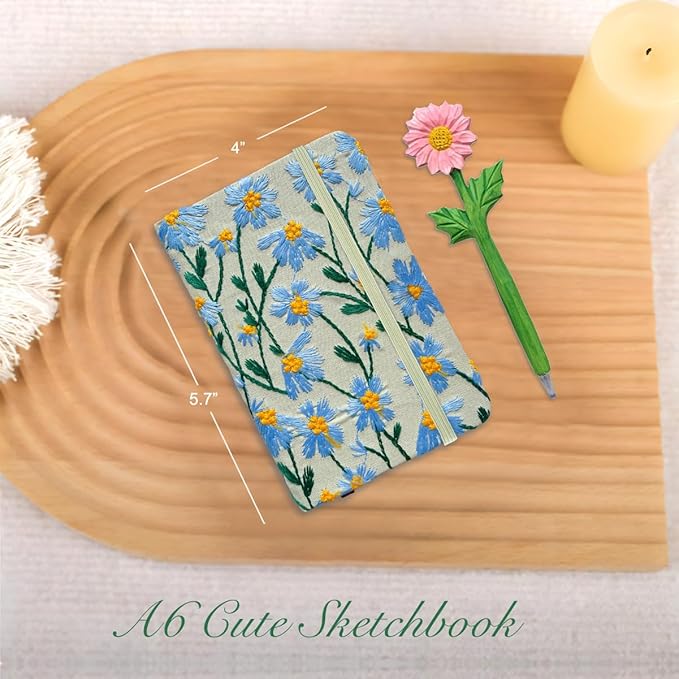 Pocket Notebook, Small Sketchbook, A6 Journal, 4x6, Daisy Gifts for Women, Floral Notebook, Embroidery Journal, Blank Paper, Hardcover, Lay Flat, Elastic Band, Diary for Girls, Blue Daisy