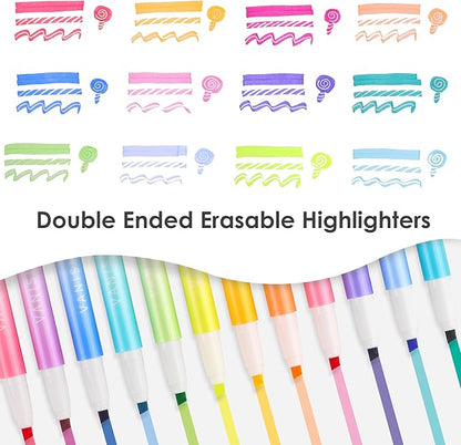 Erasable Highlighters Assorted Colors 12 Pack, Dual Tip Erasable Markers Pens, Chisel Tip Smooth Writing Journaling Highlighters School Office Supplies