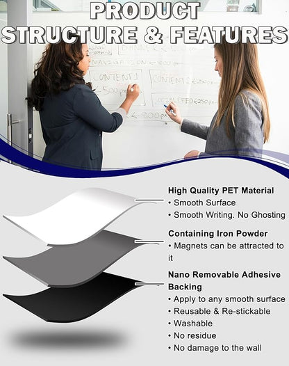 Magnetic Dry Erase Board, 16 x24 Inches Reusable White Board Sticker with Markers and Magnets, Whiteboard Wallpaper for Fridge and Wall, Dry Erase Paper for Kids, Kitchen, Office, Classroom