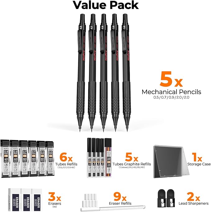 Nicpro 22PCS Art Mechanical Pencil Set, Black Artist Metal Drafting Pencil 0.5 & 0.7 & 0.9 mm & 2PCS 2mm Graphite Lead Holder(4B 2B HB 2H) for Drawing Writing Sketching With Lead Refills Erasers Case