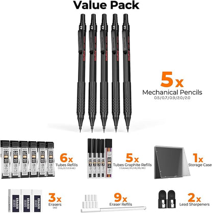 Nicpro 22PCS Art Mechanical Pencil Set, Black Artist Metal Drafting Pencil 0.5 & 0.7 & 0.9 mm & 2PCS 2mm Graphite Lead Holder(4B 2B HB 2H) for Drawing Writing Sketching With Lead Refills Erasers Case