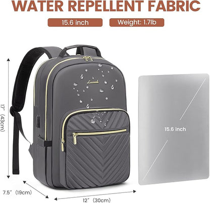 LOVEVOOK Laptop Backpack for Women 15.6 inch,Cute Womens Travel Purse,Professional Computer Bag,Waterproof Work Business College Teacher Bag Carry on with USB Port,Purple Gray